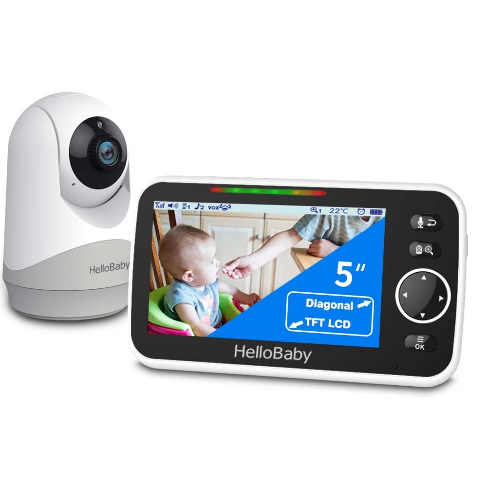 HelloBaby Monitor mit Kamera und Audio, 5-Zoll-Großbildschirm mit 3500-mAh-Akku, Ferngesteuerte Pan-Tilt-Zoom-Kamera, Zwei-Wege-Gespräch, ECO-Modus, automatische Nachtsicht, Reichweite bis zu 293 m