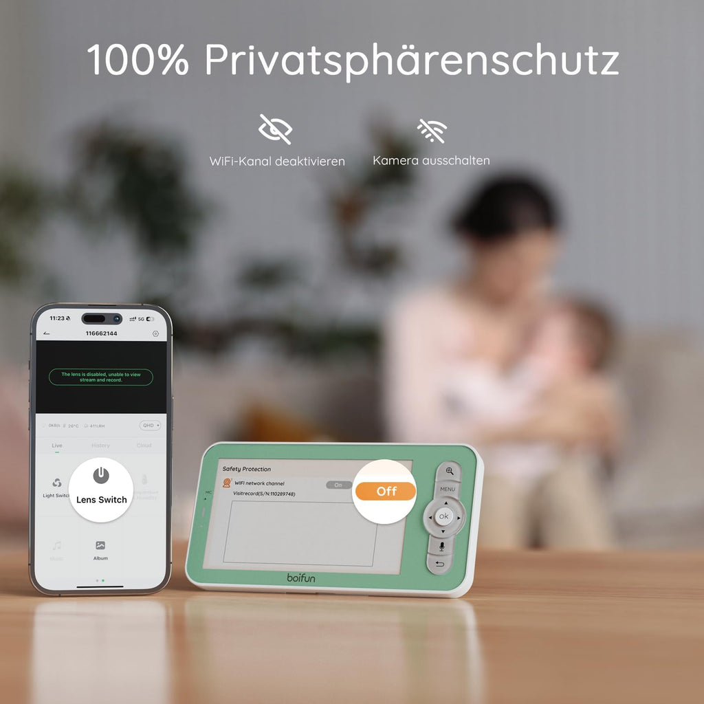 BOIFUN 2K WLAN Babyphone mit Kamera, App und 5 Zoll Bildschirmsteuerung, Nachtlicht, IR Nachtsicht, 360° Kamera, Handy, Weinen/Bewegungs/Geräuscherkennung, Bewegungsverfolgung, Temp&Feuchteerfassung