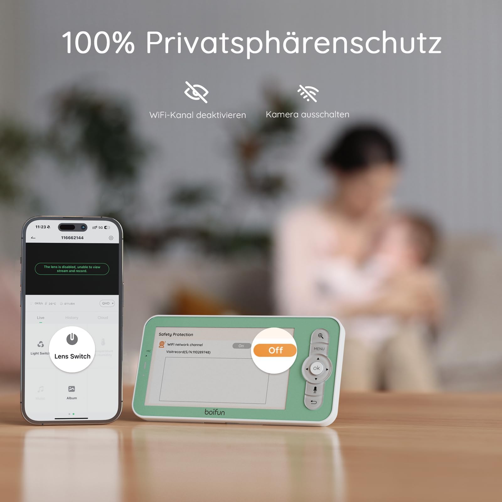 BOIFUN 2K WLAN Babyphone mit Kamera, App und 5 Zoll Bildschirmsteuerung, Nachtlicht, IR Nachtsicht, 360° Kamera, Handy, Weinen/Bewegungs/Geräuscherkennung, Bewegungsverfolgung, Temp&Feuchteerfassung