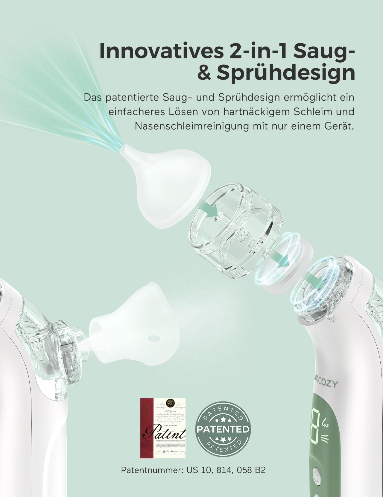 Momcozy BN007 BreezyClear Nasensauger Baby elektrisch, 2-in-1 mit Sprühfunktion, 65 kPa Saugkraft, 4 Stufen, leise & tragbar, mit Licht & Musik