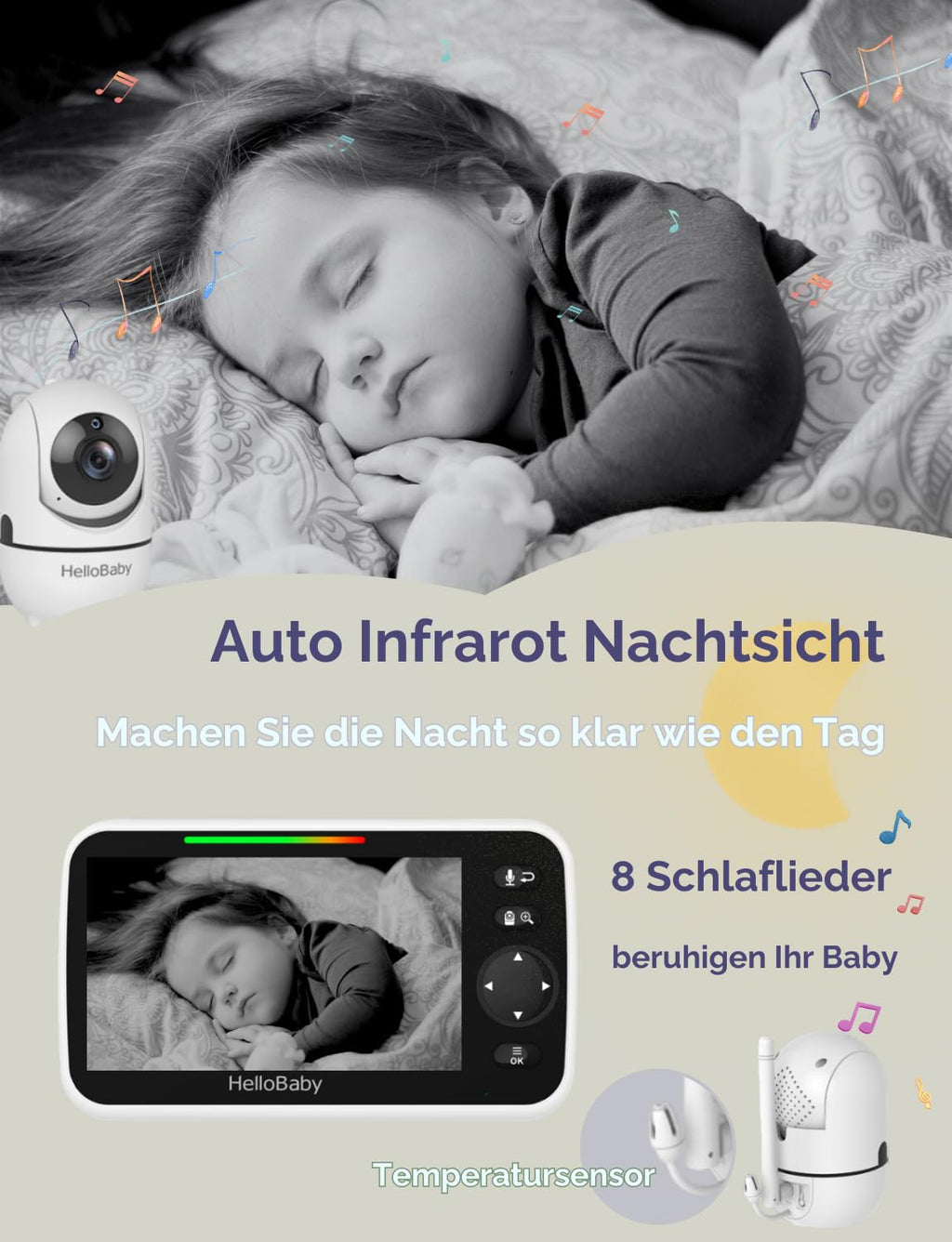 HelloBaby Babyphone mit Kamera, 3500 mAh 5 Zoll Bildschirm, Kabelgebundene Kamera, 355° Schwenken-120° Neige-Zoomen, Babyfone ohne WLAN, 2 Wege Audio, Temperatur, 8 Schlaflieder, Nachtsicht, HB6550