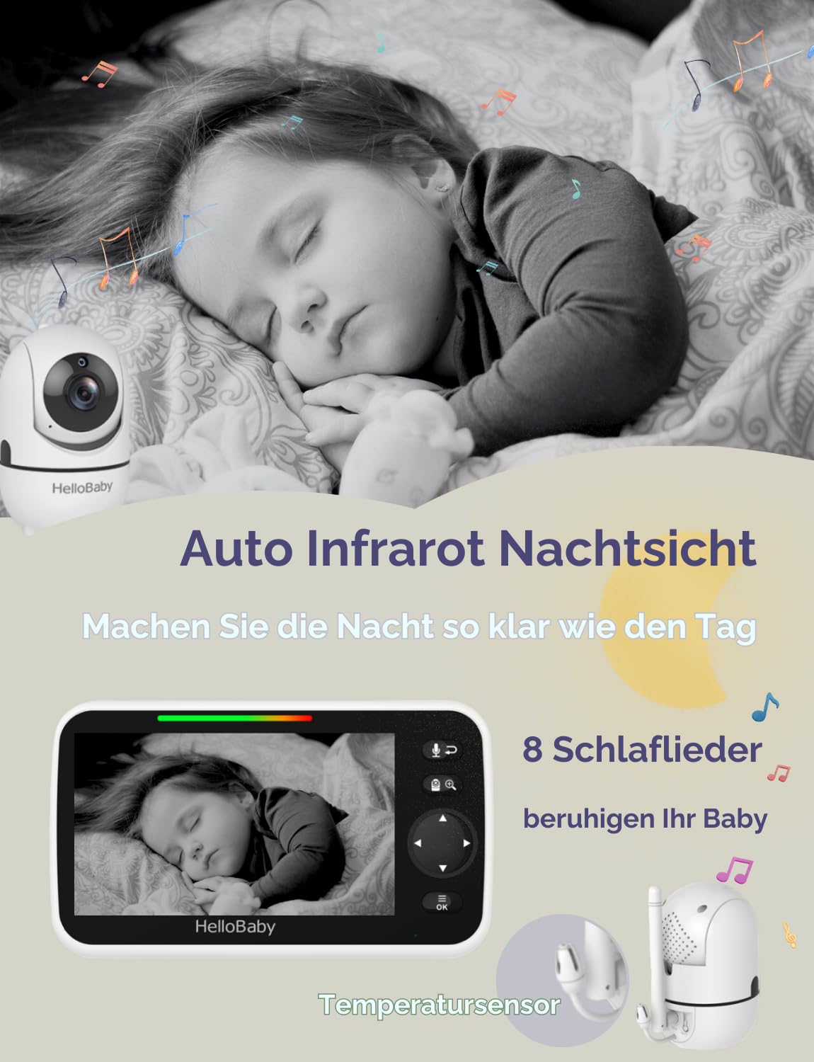 HelloBaby Babyphone mit Kamera, 3500 mAh 5 Zoll Bildschirm, Kabelgebundene Kamera, 355° Schwenken-120° Neige-Zoomen, Babyfone ohne WLAN, 2 Wege Audio, Temperatur, 8 Schlaflieder, Nachtsicht, HB6550