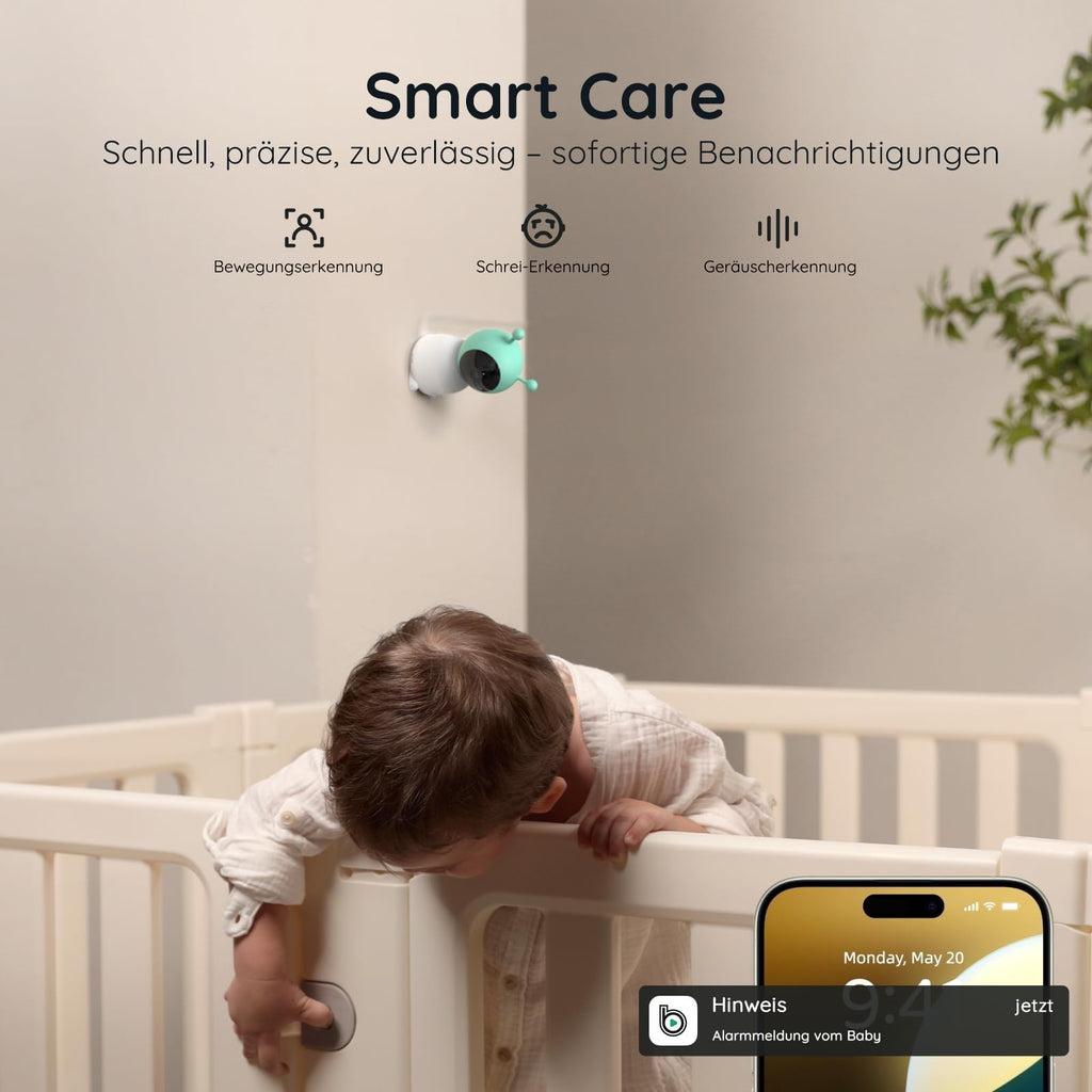 BOIFUN 2K WLAN Babyphone mit Kamera, App und 5 Zoll Bildschirmsteuerung, Nachtlicht, IR Nachtsicht, 360° Kamera, Handy, Weinen/Bewegungs/Geräuscherkennung, Bewegungsverfolgung, Temp&Feuchteerfassung