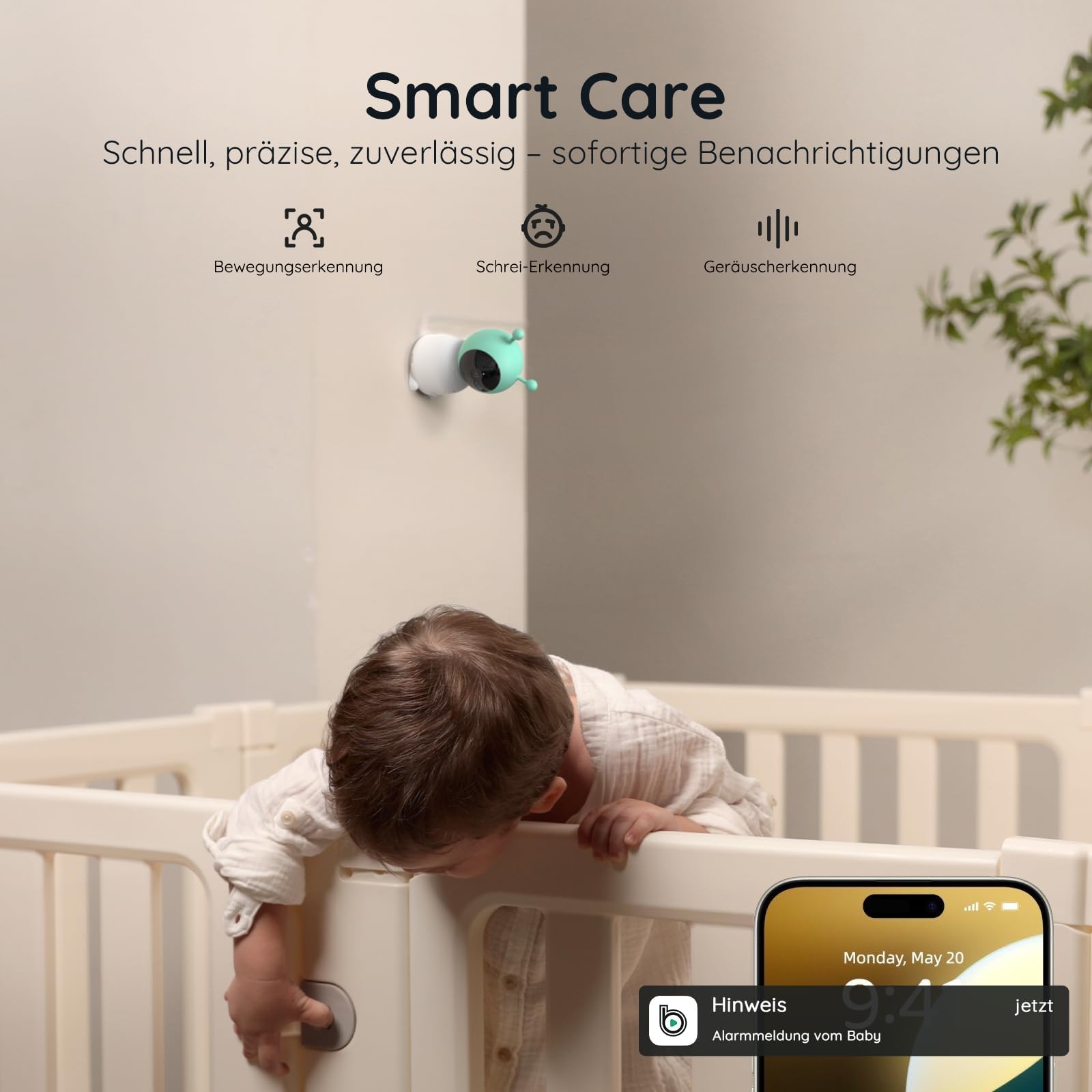 BOIFUN 2K WLAN Babyphone mit Kamera, App und 5 Zoll Bildschirmsteuerung, Nachtlicht, IR Nachtsicht, 360° Kamera, Handy, Weinen/Bewegungs/Geräuscherkennung, Bewegungsverfolgung, Temp&Feuchteerfassung
