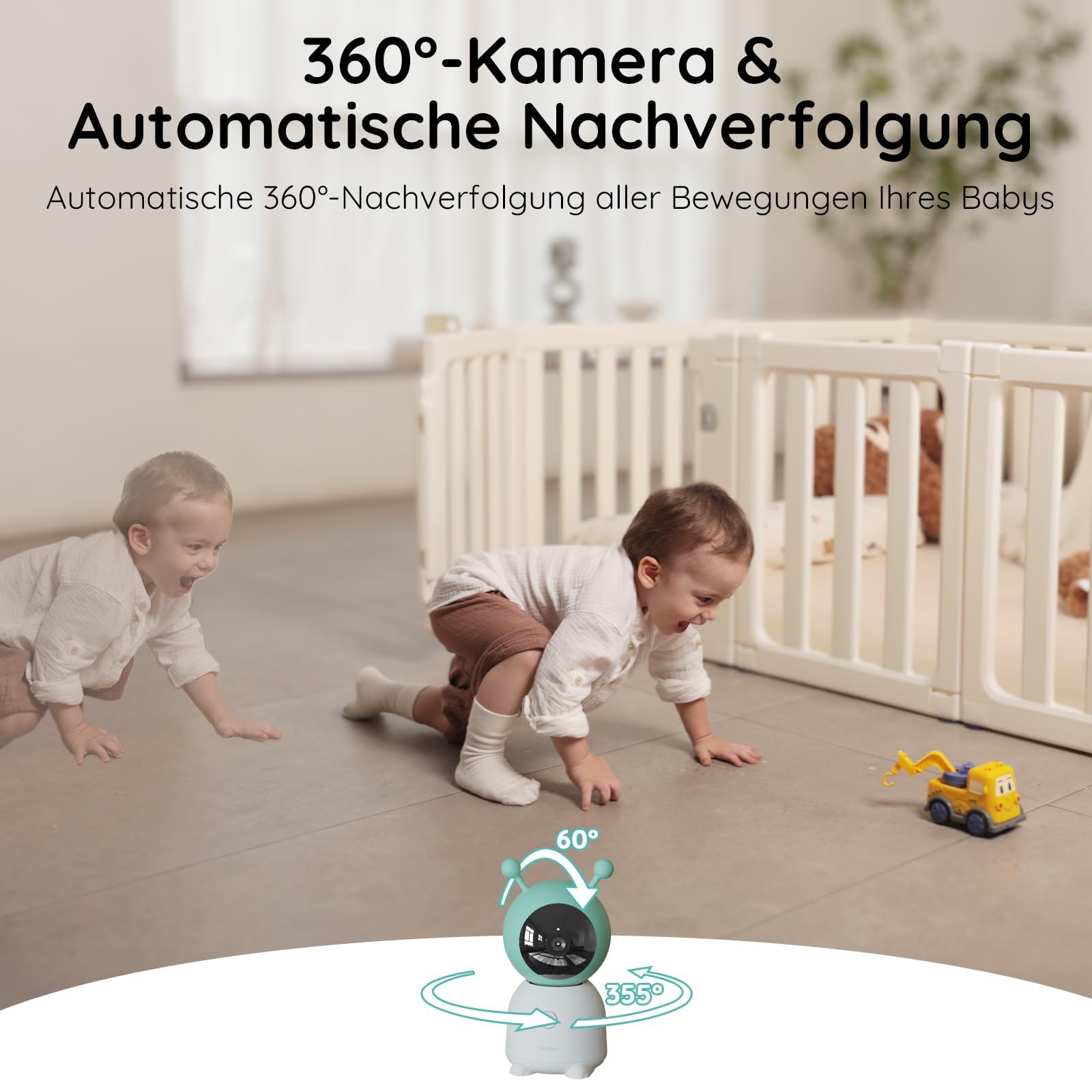 BOIFUN 2K WLAN Babyphone mit Kamera, App und 5 Zoll Bildschirmsteuerung, Nachtlicht, IR Nachtsicht, 360° Kamera, Handy, Weinen/Bewegungs/Geräuscherkennung, Bewegungsverfolgung, Temp&Feuchteerfassung