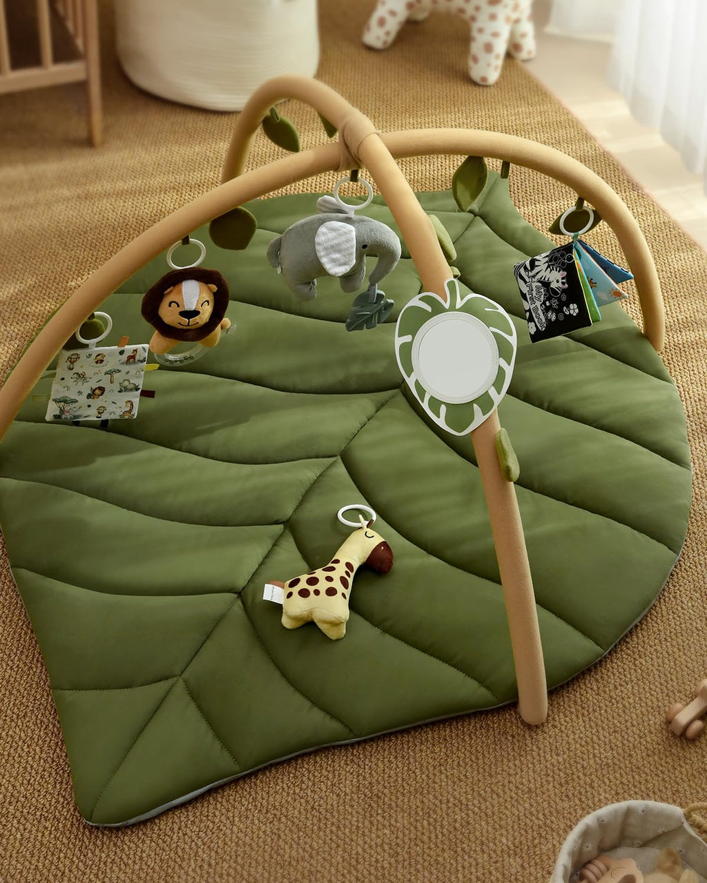 Blissful Diary Spielbogen Baby, Übergroßes Blattförmiges Spieldecke Baby Gym Activity Decke mit 6 Abnehmbare Spielzeuge, krabbeldecke Unverzichtbare Babygeschenke, Waldgrün