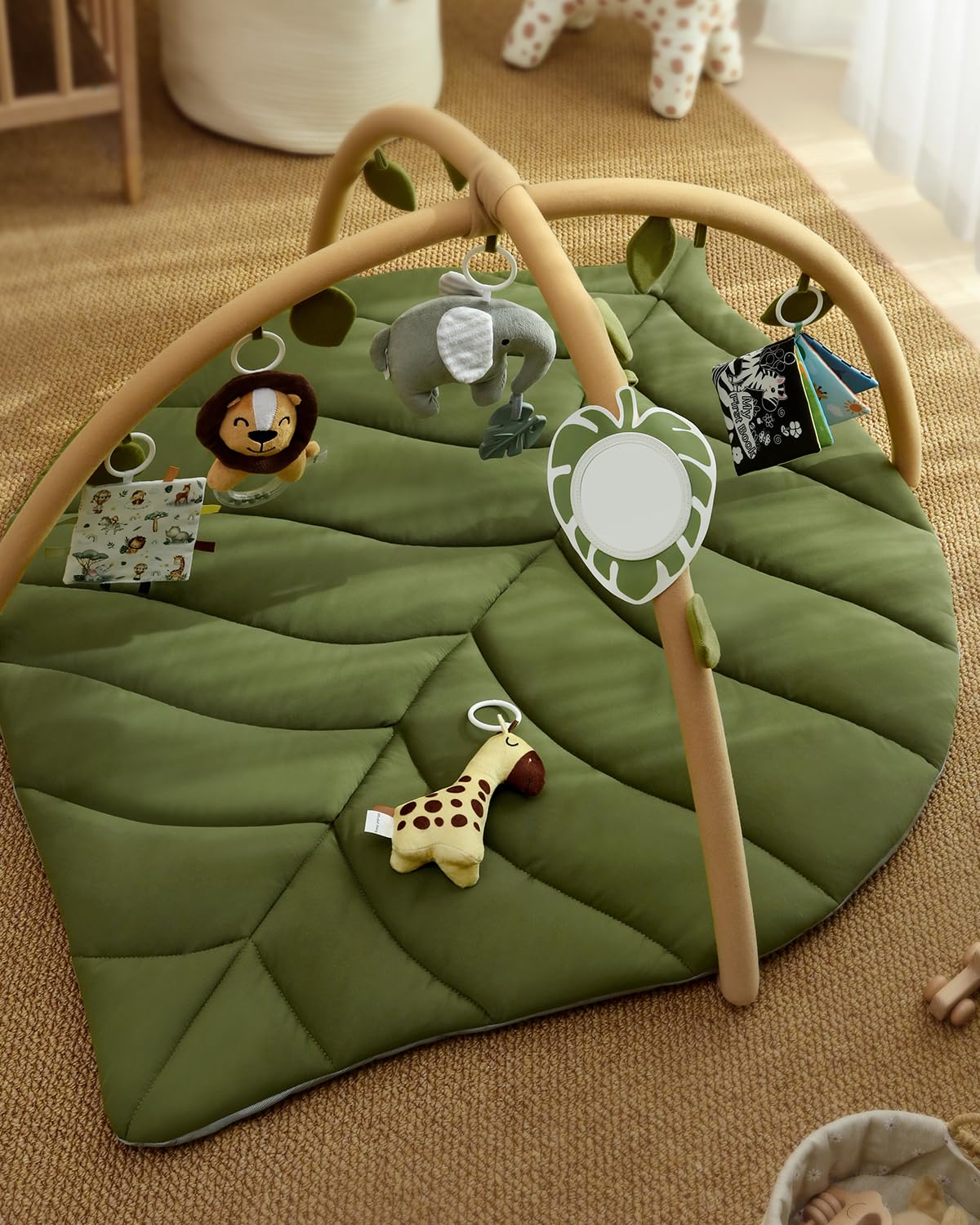 Blissful Diary Spielbogen Baby, Übergroßes Blattförmiges Spieldecke Baby Gym Activity Decke mit 6 Abnehmbare Spielzeuge, krabbeldecke Unverzichtbare Babygeschenke, Waldgrün