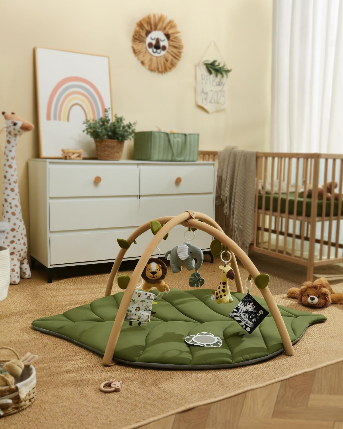 Blissful Diary Spielbogen Baby, Übergroßes Blattförmiges Spieldecke Baby Gym Activity Decke mit 6 Abnehmbare Spielzeuge, krabbeldecke Unverzichtbare Babygeschenke, Waldgrün