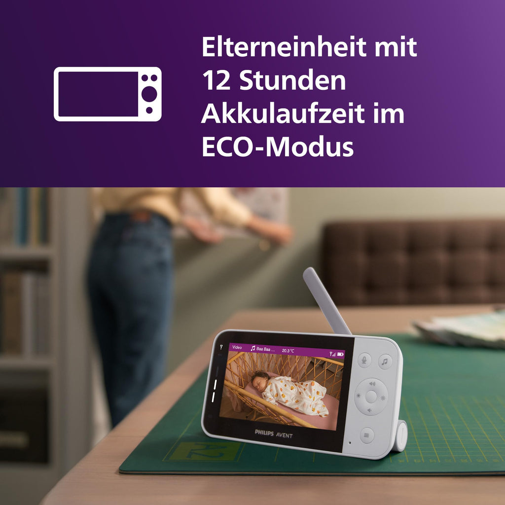 Philips AVENT Connected Babyphone mit Kamera und WLAN, hochwertiger HD-Kamera, Infrarot-Nachtsichtfunktion, Schrei-Erkennung, Gegensprechfunktion, DEKRA Zertifiziert privat und sicher, SCD951/26