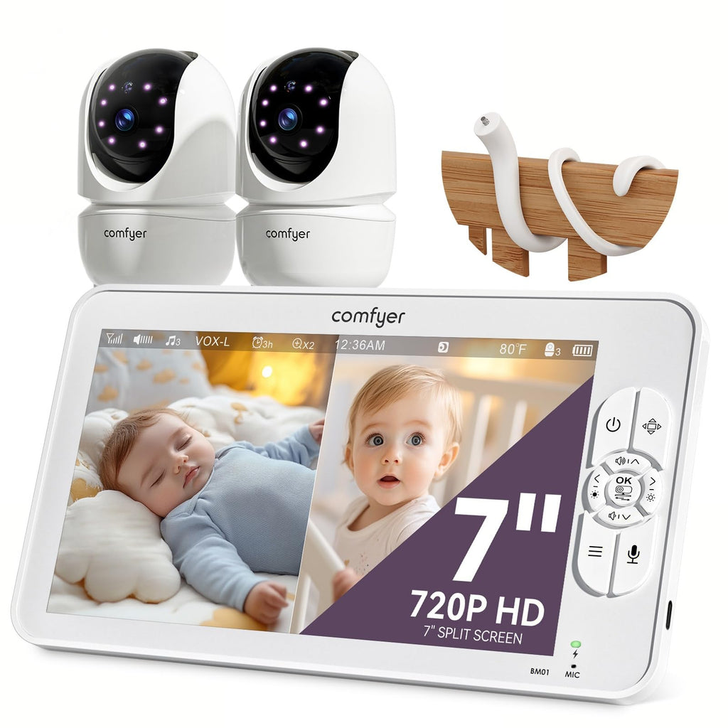 Comfyer BM01 Split-Screen Babyphone mit 2 Kameras, 7" HD 720P Video Babyphone ohne WLAN mit Halterung, IR-Nachtsicht Vox-Modus 2-Wege-Audio 6000mAh 300M Reichweite Videoüberwachungsgeräte