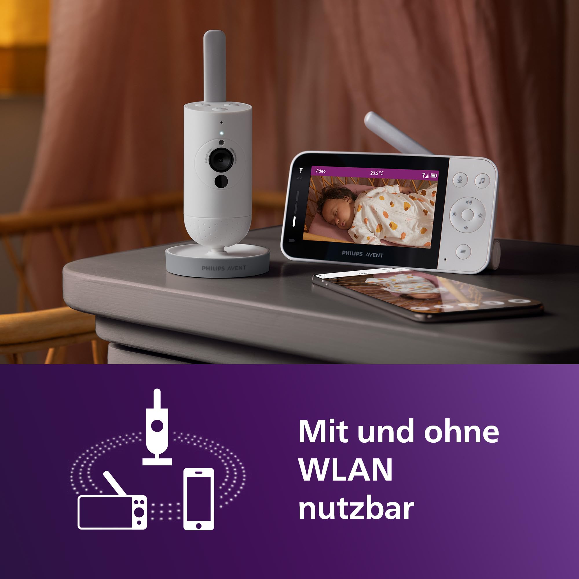 Philips AVENT Connected Babyphone mit Kamera und WLAN, hochwertiger HD-Kamera, Infrarot-Nachtsichtfunktion, Schrei-Erkennung, Gegensprechfunktion, DEKRA Zertifiziert privat und sicher, SCD951/26