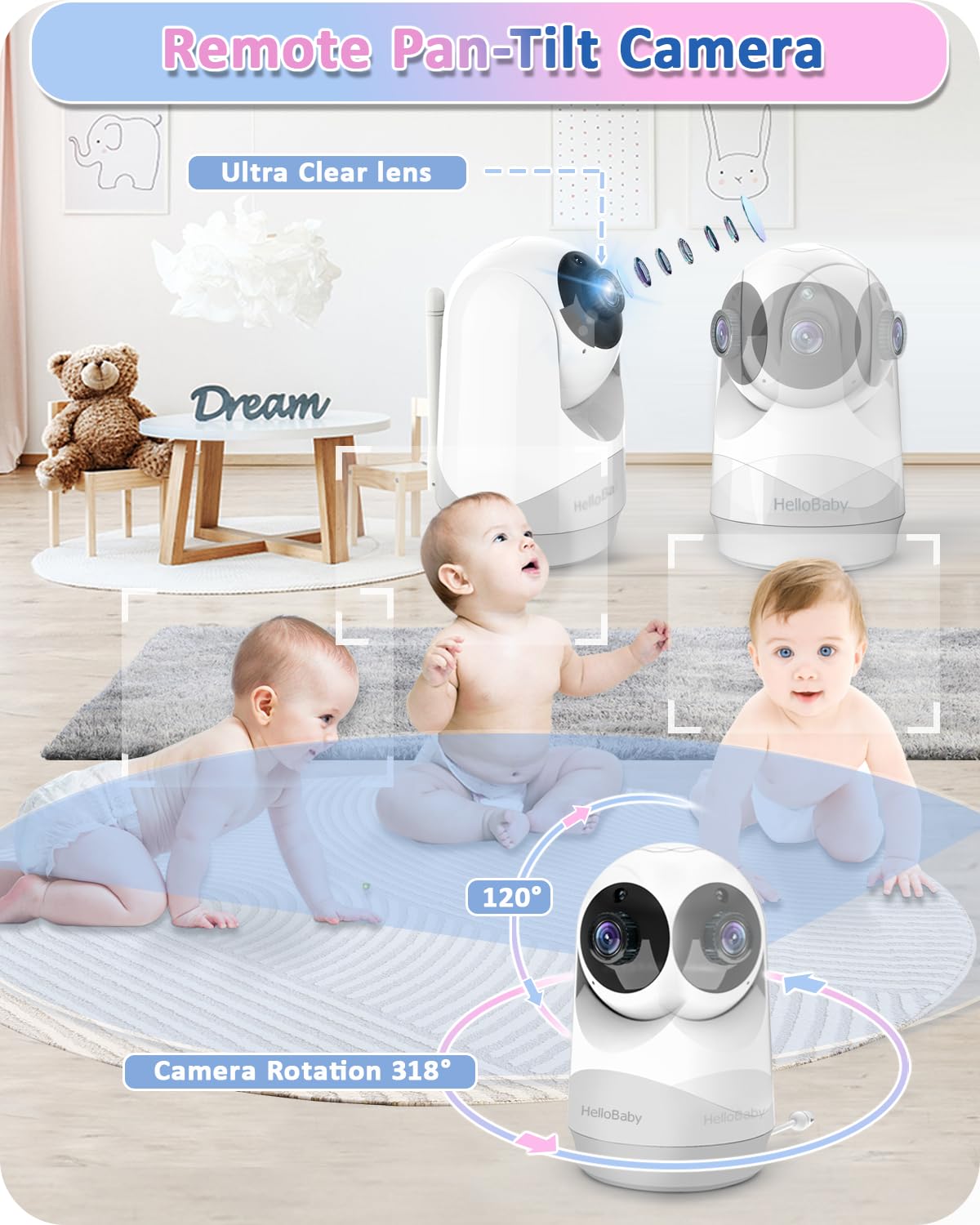HelloBaby Babyphone mit Kamera,29 Stunden Akkulaufzeit Babyfon,318°/120° Baby Monitor mit Ferngesteuerter Pan-Tilt Kamera 2X Zoom,Infrarot-Nachtsichtkamera ECO-Modus,Bis zu 1000ft,2-Wege-Audio