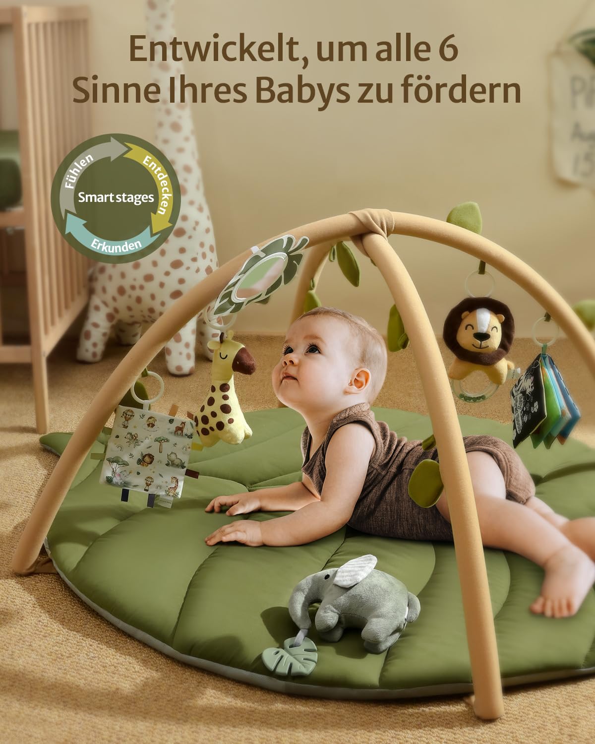 Blissful Diary Spielbogen Baby, Übergroßes Blattförmiges Spieldecke Baby Gym Activity Decke mit 6 Abnehmbare Spielzeuge, krabbeldecke Unverzichtbare Babygeschenke, Waldgrün