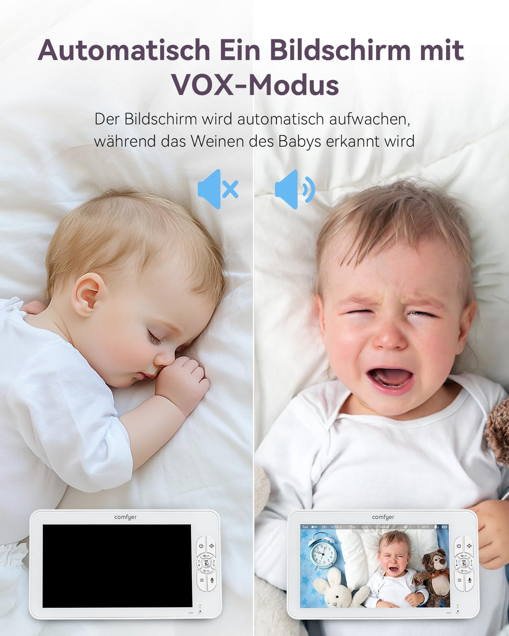 Comfyer BM01 Split-Screen Babyphone mit 2 Kameras, 7" HD 720P Video Babyphone ohne WLAN mit Halterung, IR-Nachtsicht Vox-Modus 2-Wege-Audio 6000mAh 300M Reichweite Videoüberwachungsgeräte