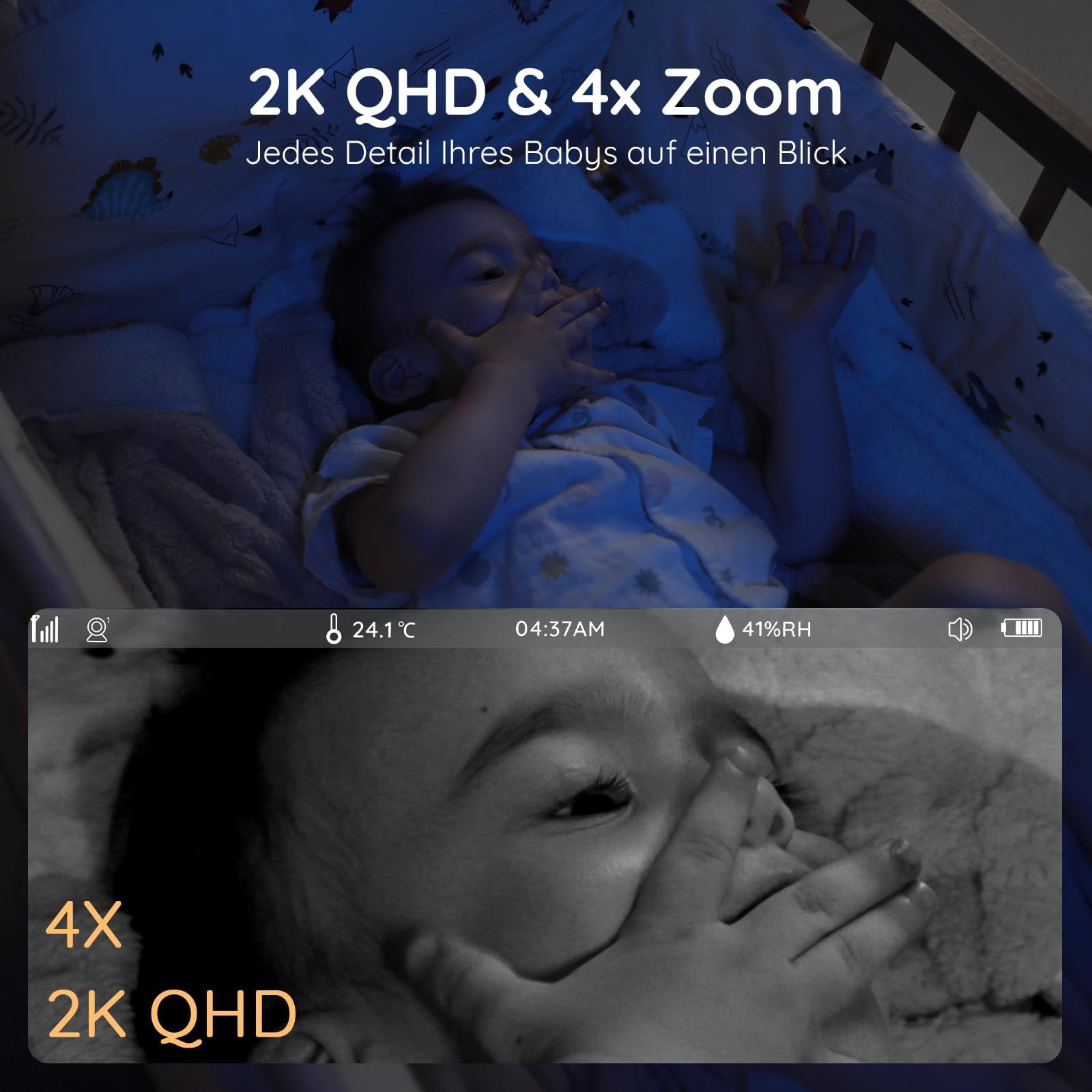 BOIFUN 2K WLAN Babyphone mit Kamera, App und 5 Zoll Bildschirmsteuerung, Nachtlicht, IR Nachtsicht, 360° Kamera, Handy, Weinen/Bewegungs/Geräuscherkennung, Bewegungsverfolgung, Temp&Feuchteerfassung