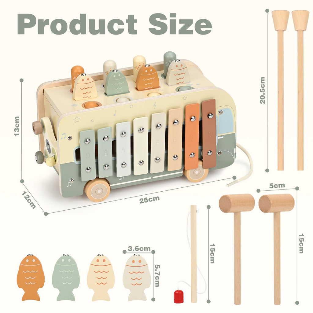 Vanplay Montessori Spielzeug ab 1 Jahr, 7 in 1 Hammerspiel Angelspiel Magnet Holzspielzeug Motorikspielzeug, Xylophon Kinder 1 Jahr, Geschenk Kinderspielzeug ab 1 2 3 Jahre Mädchen Junge
