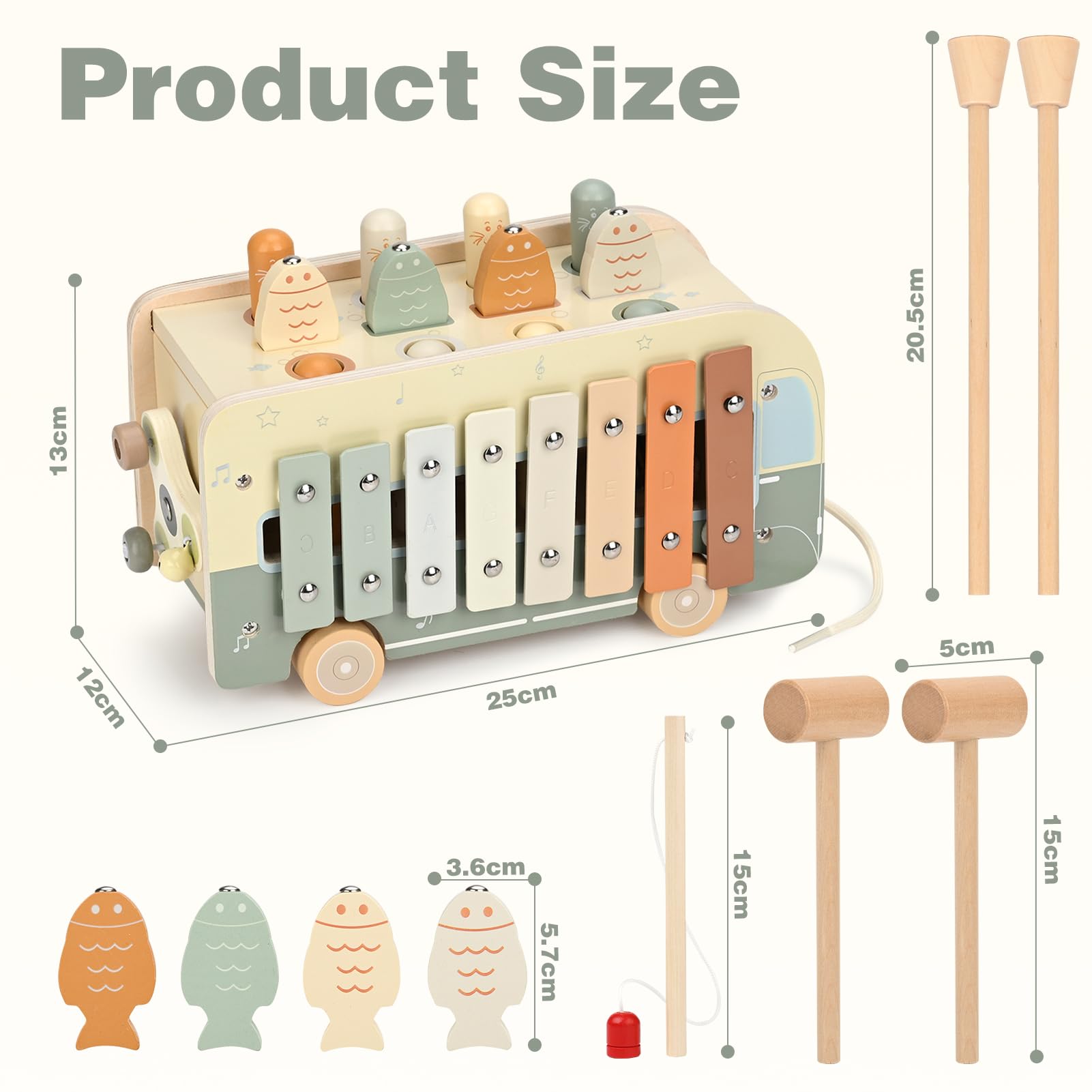 Vanplay Montessori Spielzeug ab 1 Jahr, 7 in 1 Hammerspiel Angelspiel Magnet Holzspielzeug Motorikspielzeug, Xylophon Kinder 1 Jahr, Geschenk Kinderspielzeug ab 1 2 3 Jahre Mädchen Junge