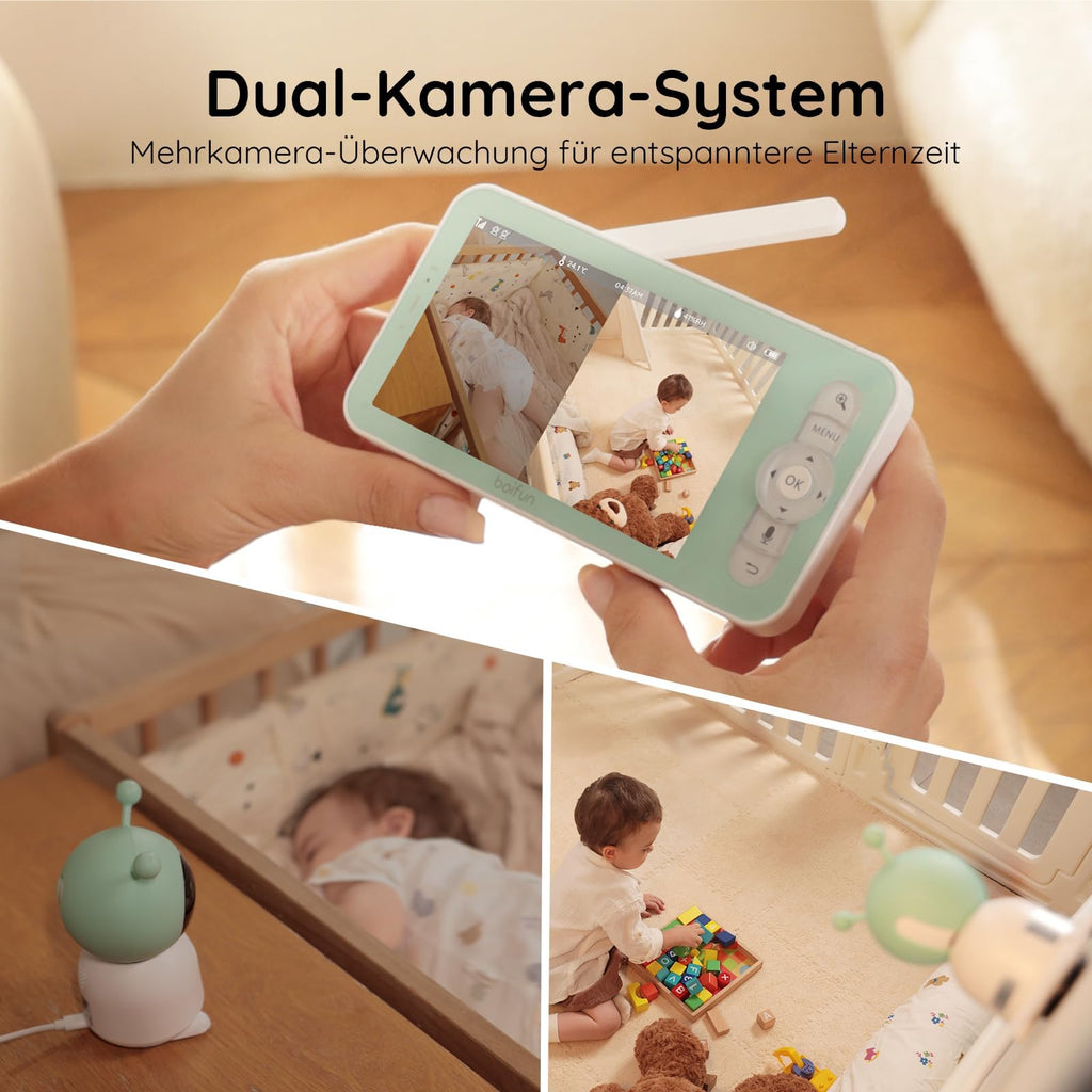 BOIFUN 2K WLAN Babyphone mit Kamera, App und 5 Zoll Bildschirmsteuerung, Nachtlicht, IR Nachtsicht, 360° Kamera, Handy, Weinen/Bewegungs/Geräuscherkennung, Bewegungsverfolgung, Temp&Feuchteerfassung