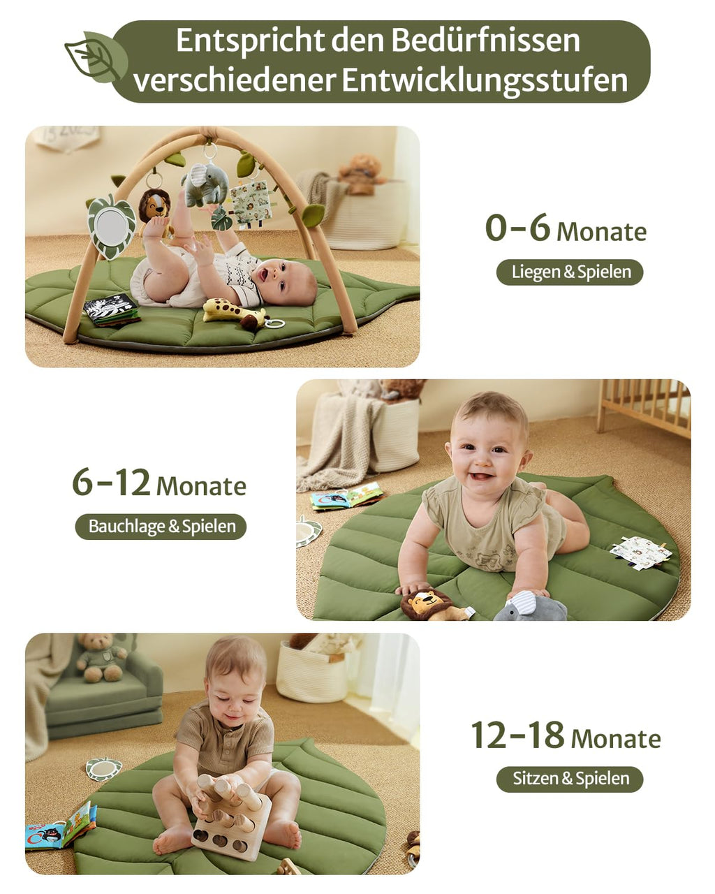 Blissful Diary Spielbogen Baby, Übergroßes Blattförmiges Spieldecke Baby Gym Activity Decke mit 6 Abnehmbare Spielzeuge, krabbeldecke Unverzichtbare Babygeschenke, Waldgrün