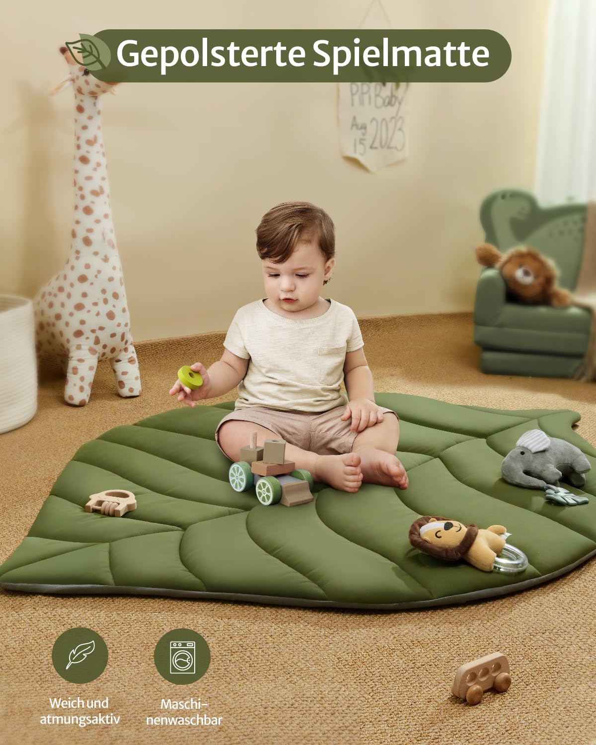 Blissful Diary Spielbogen Baby, Übergroßes Blattförmiges Spieldecke Baby Gym Activity Decke mit 6 Abnehmbare Spielzeuge, krabbeldecke Unverzichtbare Babygeschenke, Waldgrün