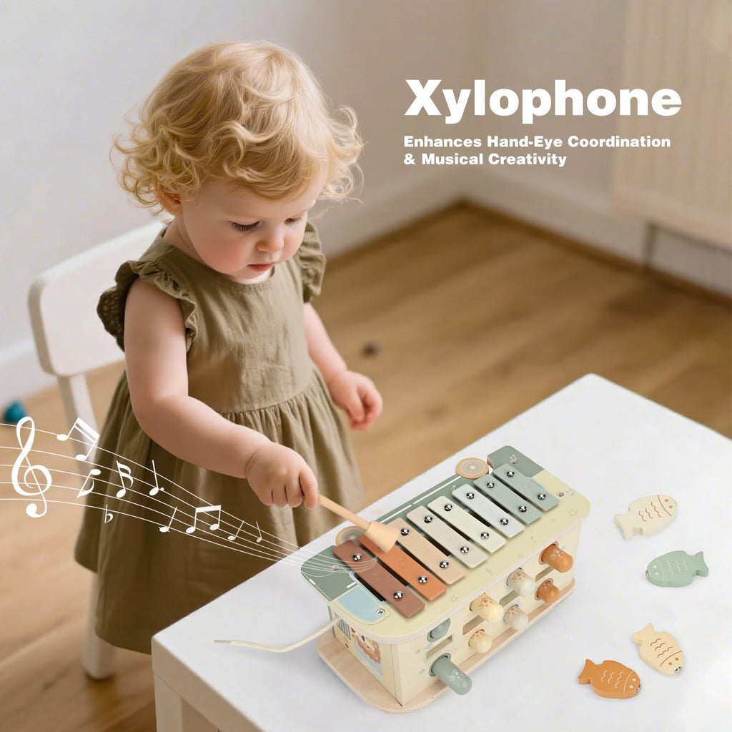 Vanplay Montessori Spielzeug ab 1 Jahr, 7 in 1 Hammerspiel Angelspiel Magnet Holzspielzeug Motorikspielzeug, Xylophon Kinder 1 Jahr, Geschenk Kinderspielzeug ab 1 2 3 Jahre Mädchen Junge