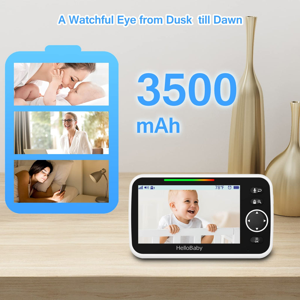 HelloBaby Monitor mit Kamera und Audio, 5-Zoll-Großbildschirm mit 3500-mAh-Akku, Ferngesteuerte Pan-Tilt-Zoom-Kamera, Zwei-Wege-Gespräch, ECO-Modus, automatische Nachtsicht, Reichweite bis zu 293 m