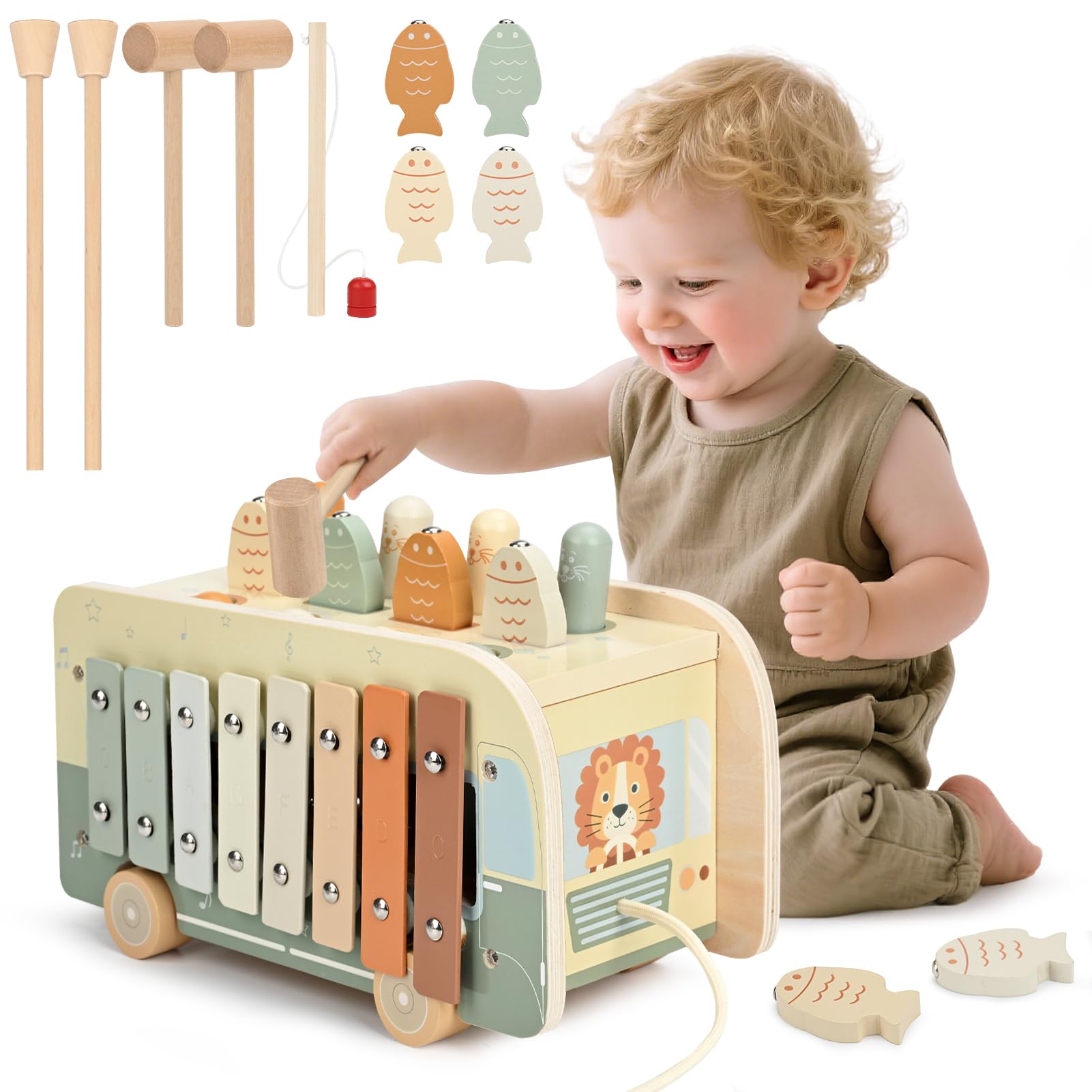 Vanplay Montessori Spielzeug ab 1 Jahr, 7 in 1 Hammerspiel Angelspiel Magnet Holzspielzeug Motorikspielzeug, Xylophon Kinder 1 Jahr, Geschenk Kinderspielzeug ab 1 2 3 Jahre Mädchen Junge