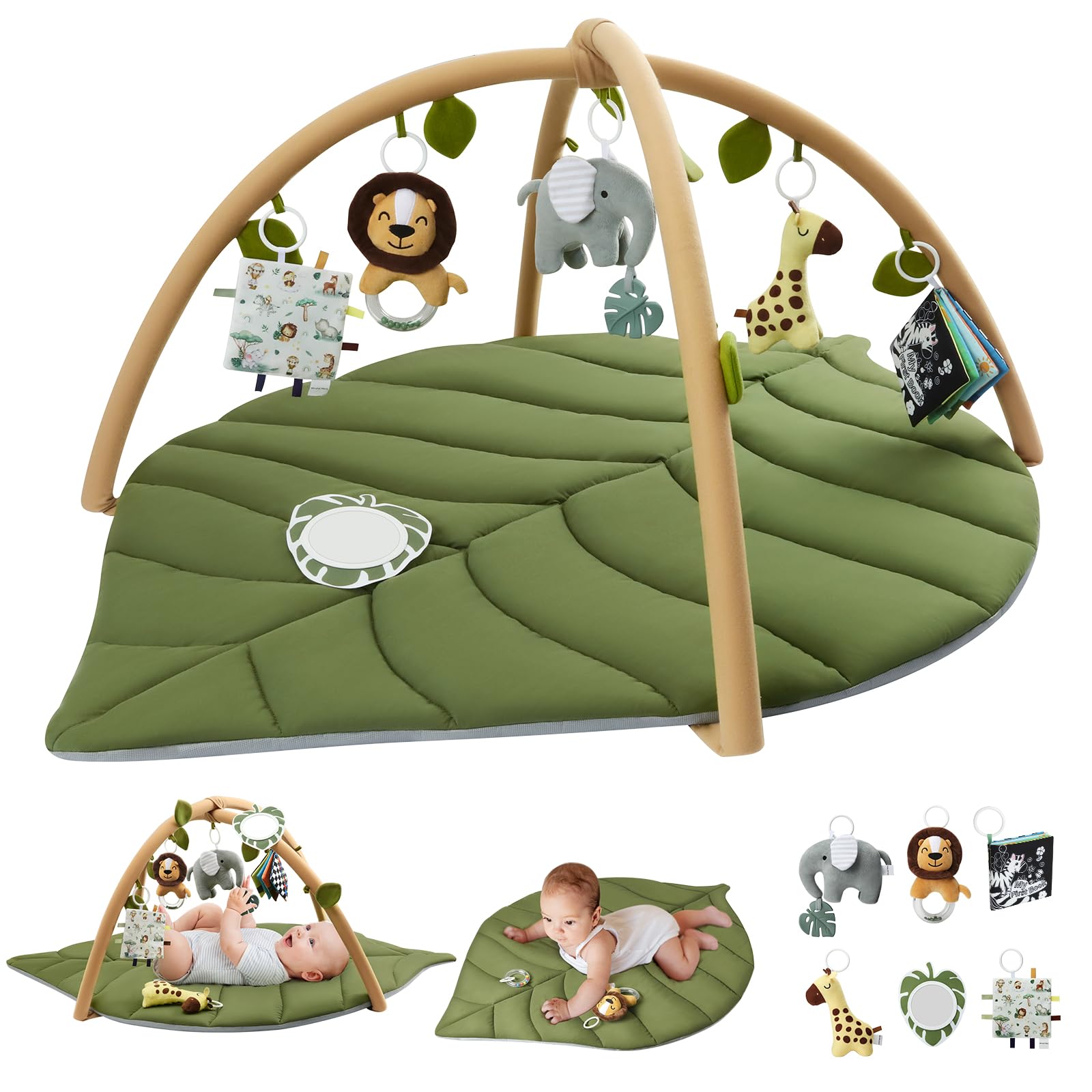 Blissful Diary Spielbogen Baby, Übergroßes Blattförmiges Spieldecke Baby Gym Activity Decke mit 6 Abnehmbare Spielzeuge, krabbeldecke Unverzichtbare Babygeschenke, Waldgrün