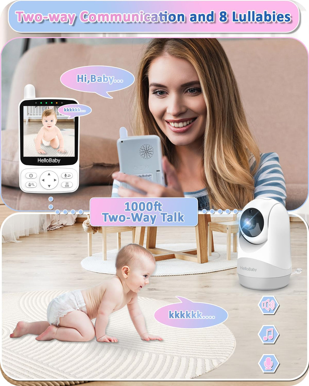 HelloBaby Babyphone mit Kamera,29 Stunden Akkulaufzeit Babyfon,318°/120° Baby Monitor mit Ferngesteuerter Pan-Tilt Kamera 2X Zoom,Infrarot-Nachtsichtkamera ECO-Modus,Bis zu 1000ft,2-Wege-Audio