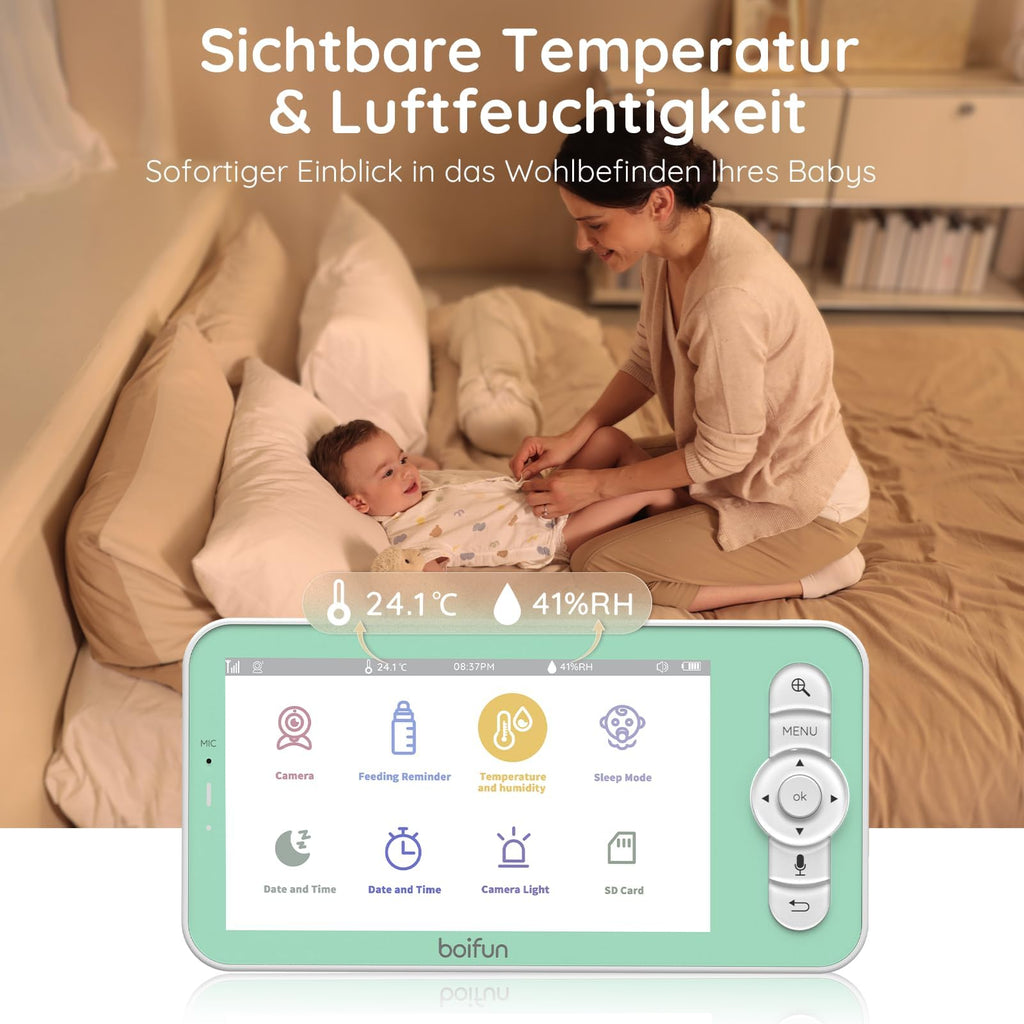 BOIFUN 2K WLAN Babyphone mit Kamera, App und 5 Zoll Bildschirmsteuerung, Nachtlicht, IR Nachtsicht, 360° Kamera, Handy, Weinen/Bewegungs/Geräuscherkennung, Bewegungsverfolgung, Temp&Feuchteerfassung