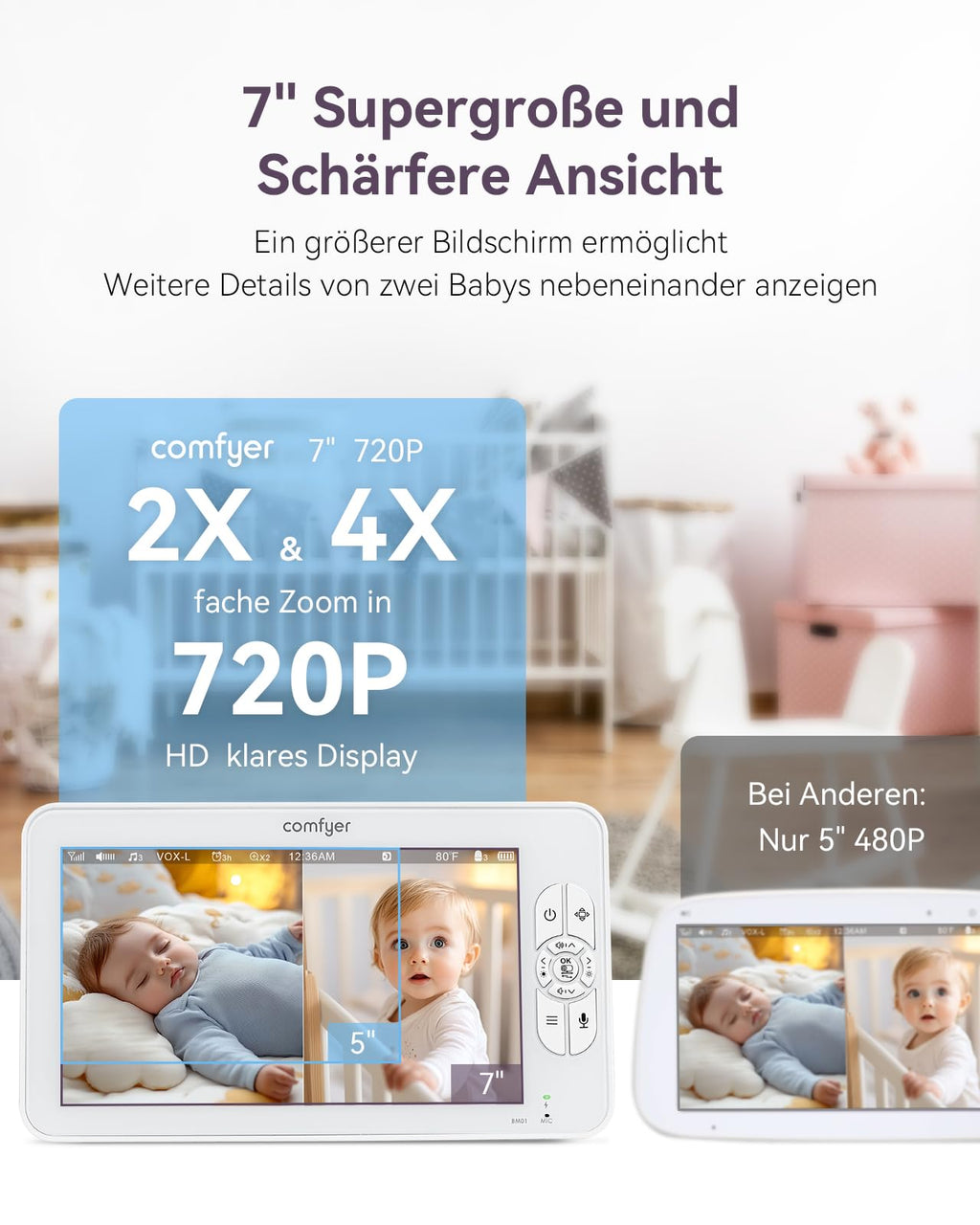 Comfyer BM01 Split-Screen Babyphone mit 2 Kameras, 7" HD 720P Video Babyphone ohne WLAN mit Halterung, IR-Nachtsicht Vox-Modus 2-Wege-Audio 6000mAh 300M Reichweite Videoüberwachungsgeräte