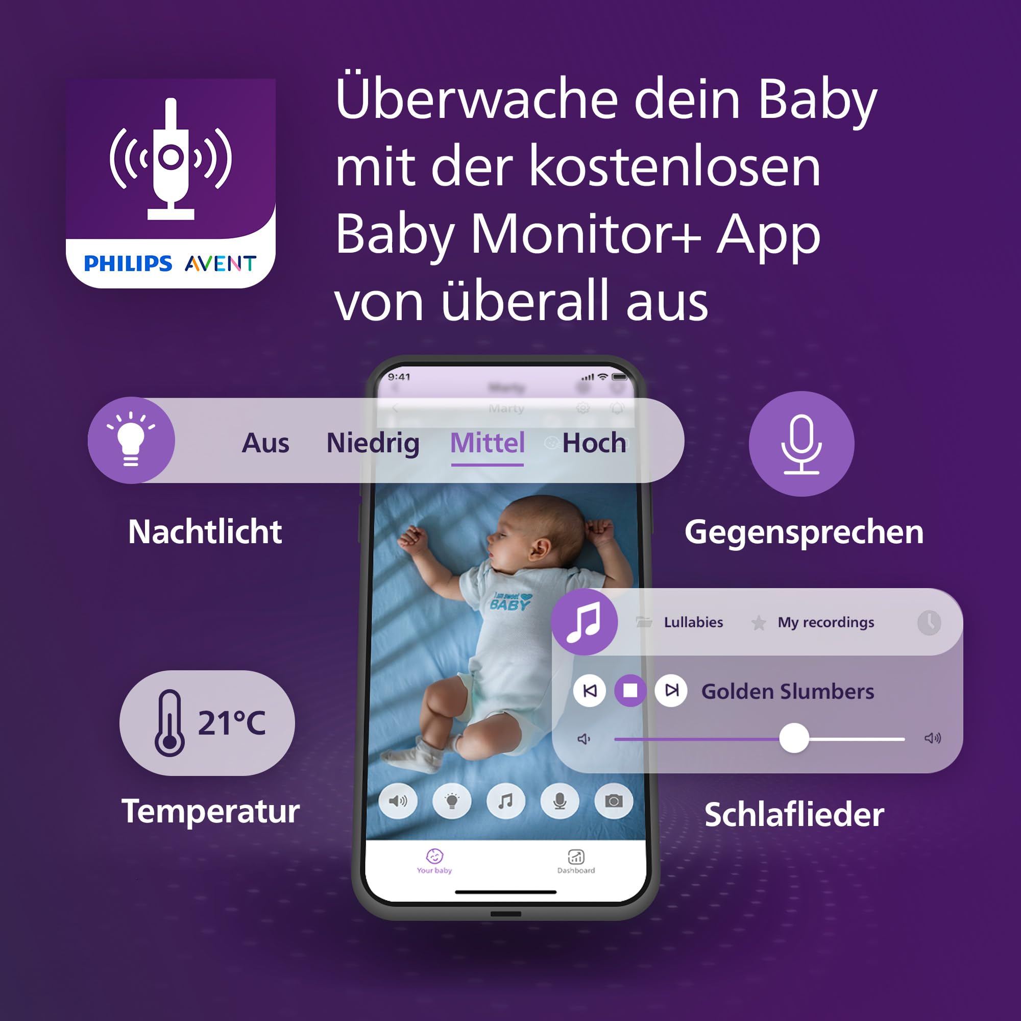 Philips AVENT Connected Babyphone mit Kamera und WLAN, hochwertiger HD-Kamera, Infrarot-Nachtsichtfunktion, Schrei-Erkennung, Gegensprechfunktion, DEKRA Zertifiziert privat und sicher, SCD951/26