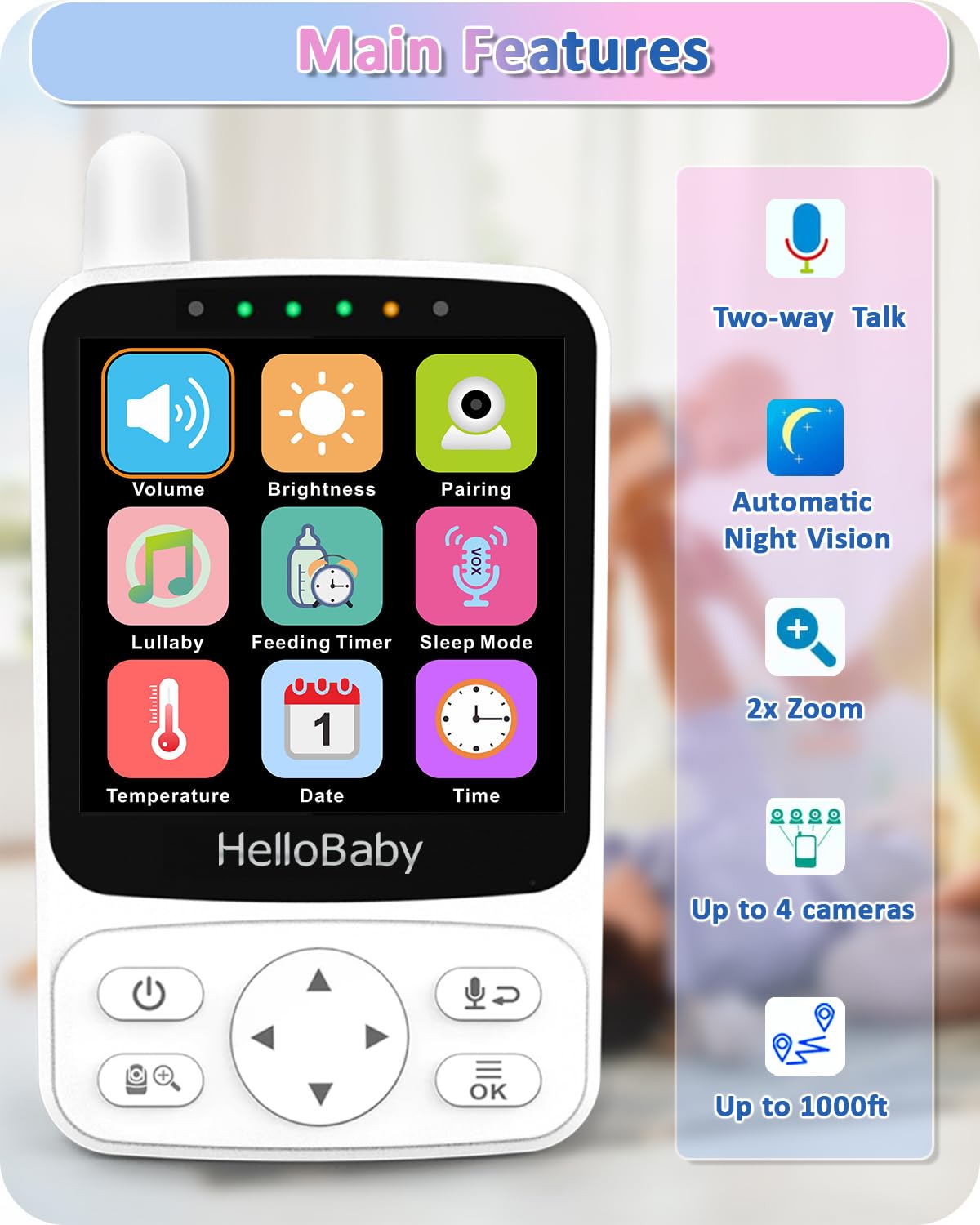 HelloBaby Babyphone mit Kamera,29 Stunden Akkulaufzeit Babyfon,318°/120° Baby Monitor mit Ferngesteuerter Pan-Tilt Kamera 2X Zoom,Infrarot-Nachtsichtkamera ECO-Modus,Bis zu 1000ft,2-Wege-Audio