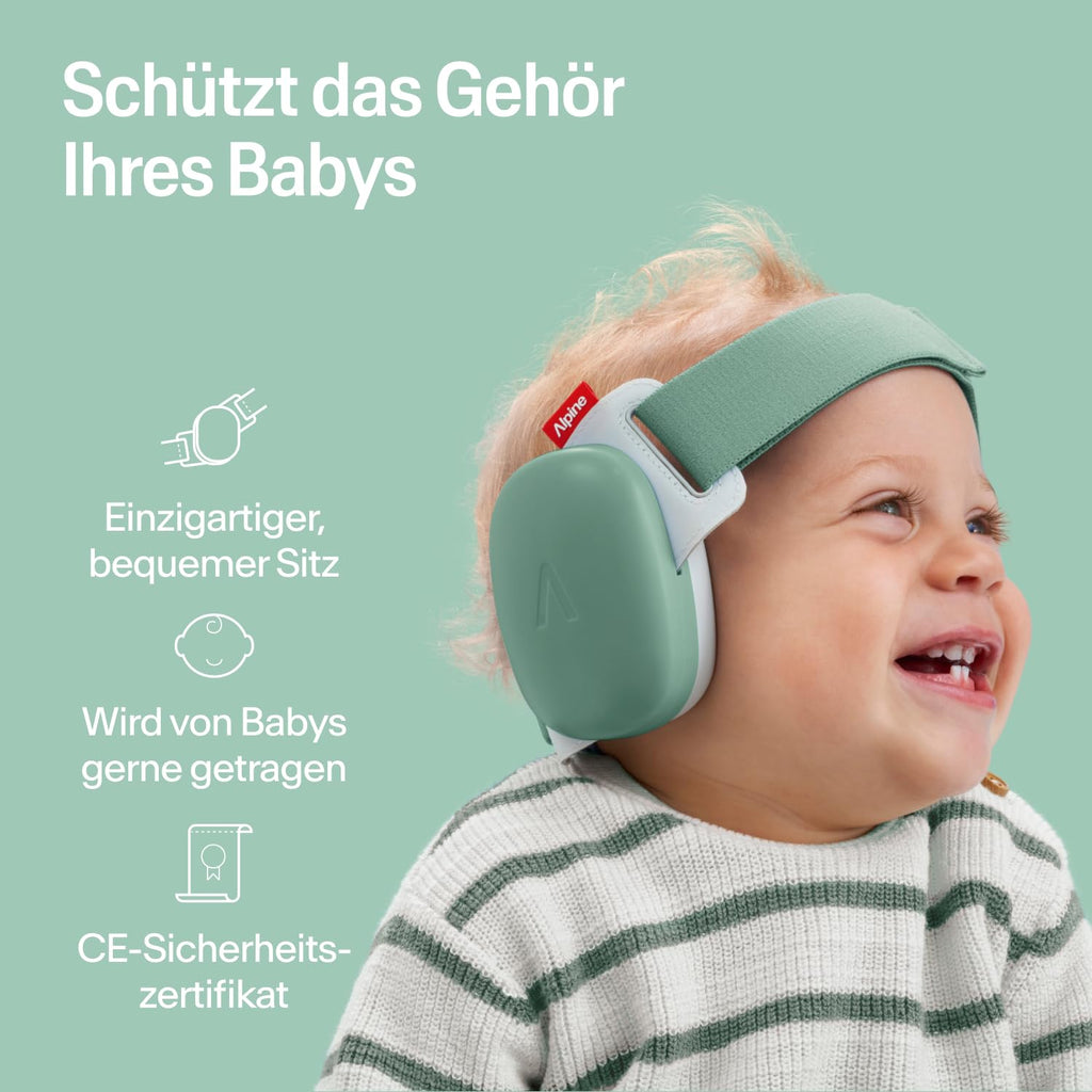 Alpine Muffy Baby Comfort - Gehörschutz für Babys & Kleinkinder - Getestet in Deutschland - Einzigartiges Kopfband für Sicheren & Bequemen Sitz - Verstellbar <5 Jahren - Kopfhörer Lärmschutz, Grün