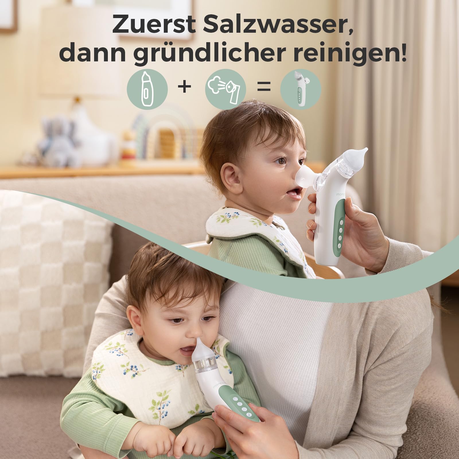 Momcozy BN007 BreezyClear Nasensauger Baby elektrisch, 2-in-1 mit Sprühfunktion, 65 kPa Saugkraft, 4 Stufen, leise & tragbar, mit Licht & Musik