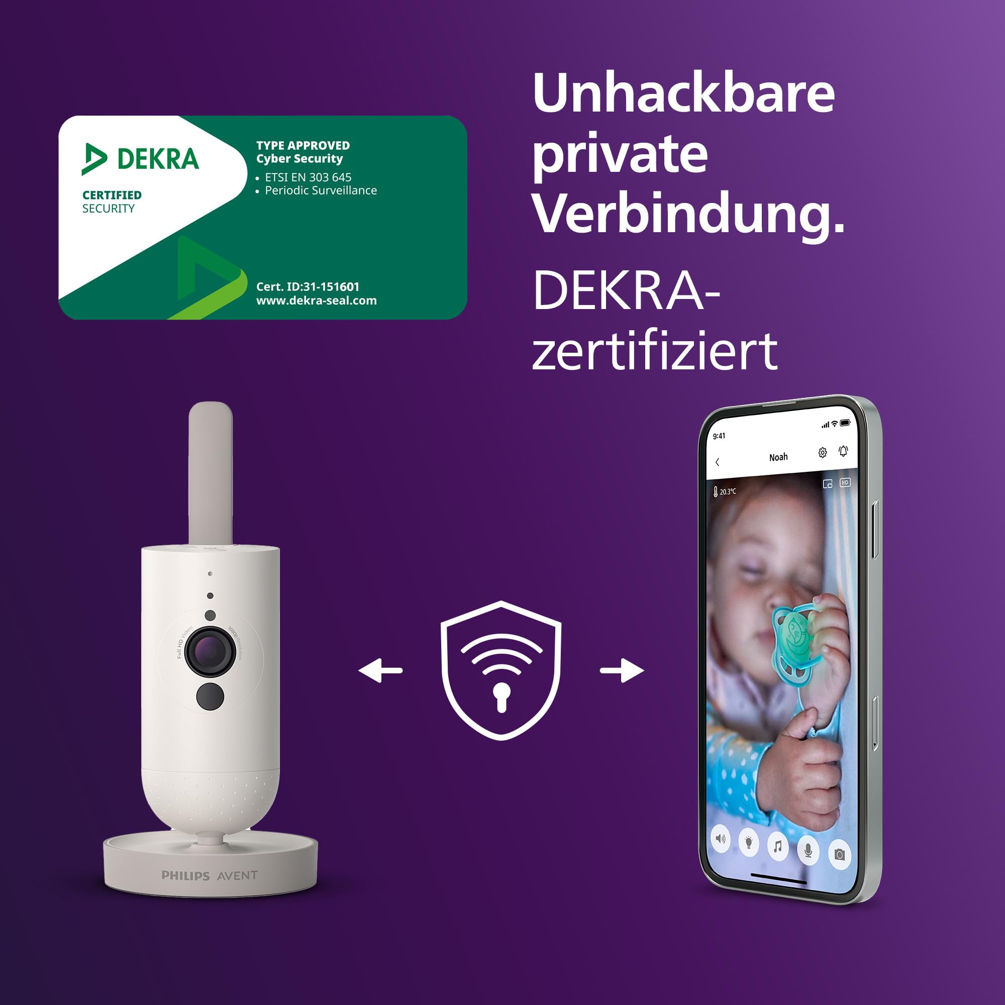 Philips AVENT Connected Babyphone mit Kamera und WLAN, hochwertiger HD-Kamera, Infrarot-Nachtsichtfunktion, Schrei-Erkennung, Gegensprechfunktion, DEKRA Zertifiziert privat und sicher, SCD951/26