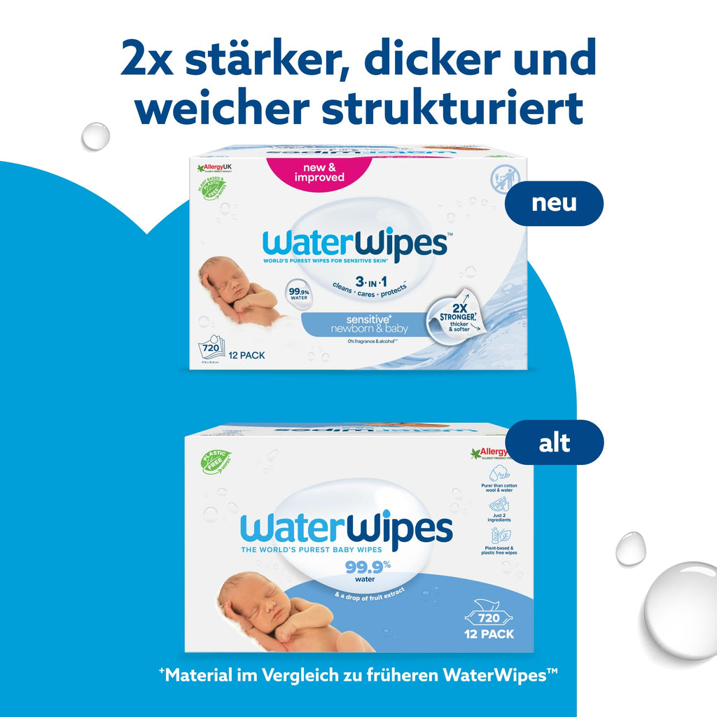 WaterWipes Sensitive+ Newborn & Baby Wipes, Feuchttücher für Neugeborene und Babys, 720 Stück (12 Packungen), 3-in-1-Reinigung, Pflege, Schutz, 99,9% Wasser, parfümfrei