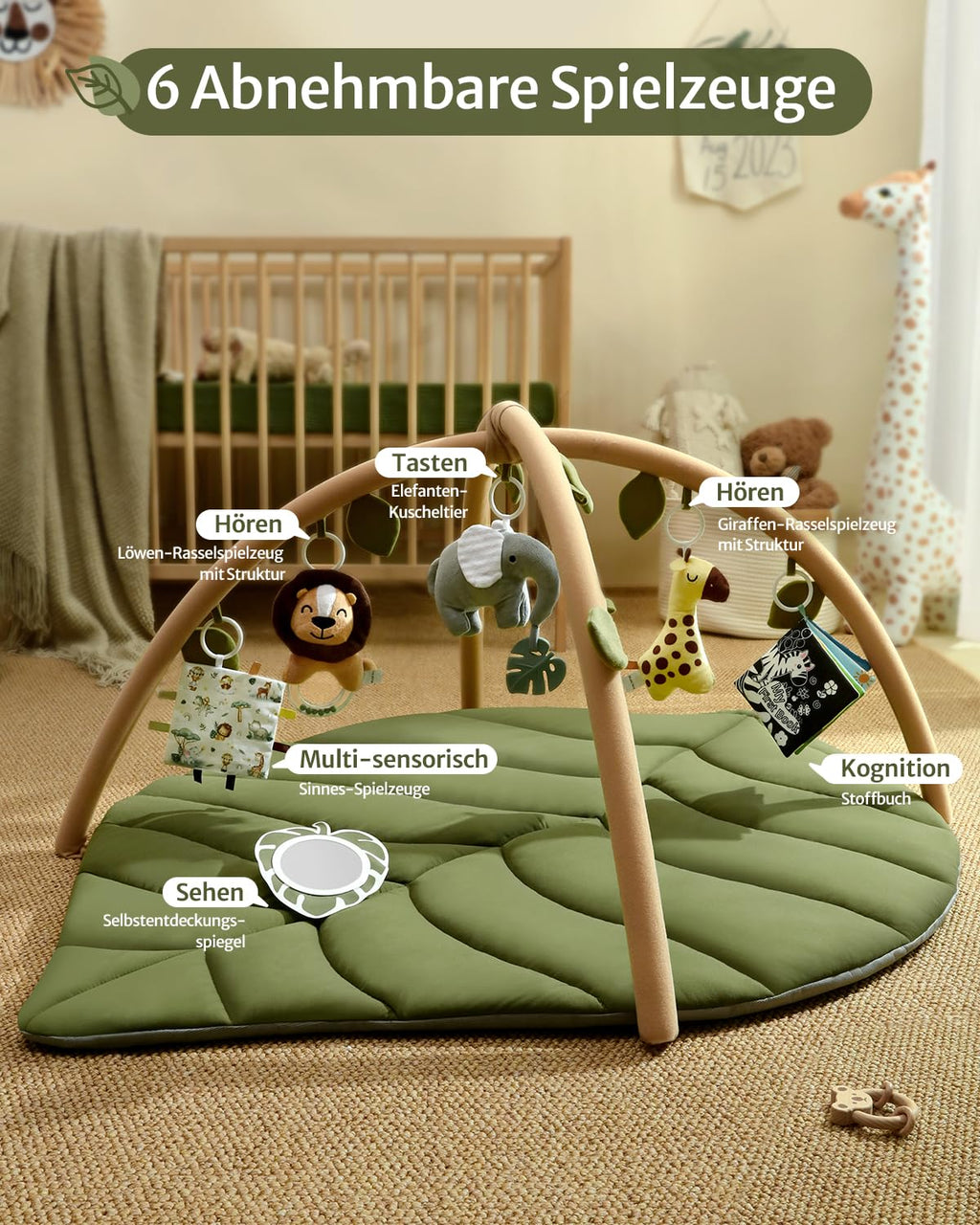 Blissful Diary Spielbogen Baby, Übergroßes Blattförmiges Spieldecke Baby Gym Activity Decke mit 6 Abnehmbare Spielzeuge, krabbeldecke Unverzichtbare Babygeschenke, Waldgrün