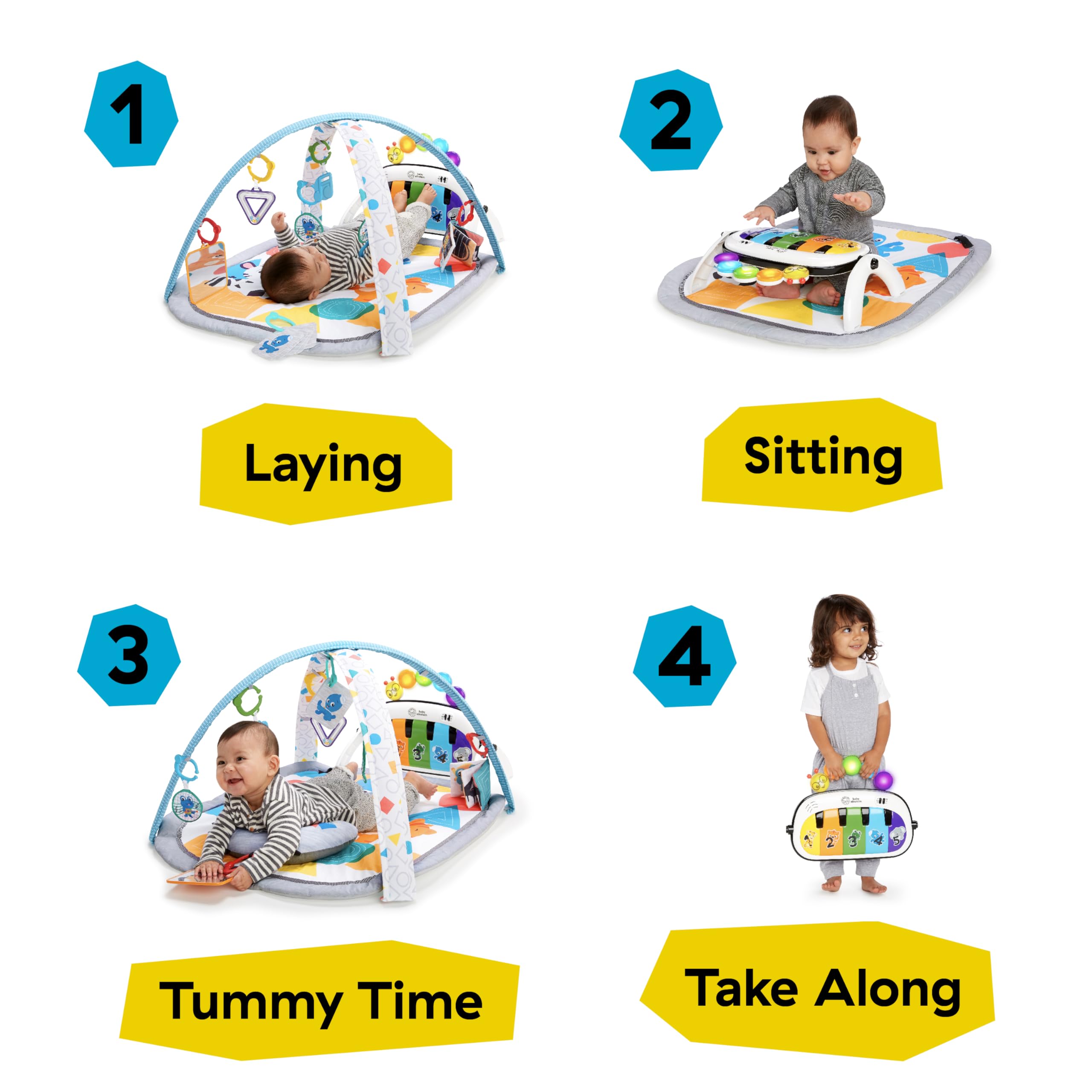 Baby Einstein, 4 in 1 Kickin' Tunes Spieldecke mit 70+ Geräuschen, 25+ Minuten Musik, Erlebnisdecke mit Klavier und Lichtern, Spielmatte mit Spielbogen abnehmbarem Babyspielzeug, ab der Geburt